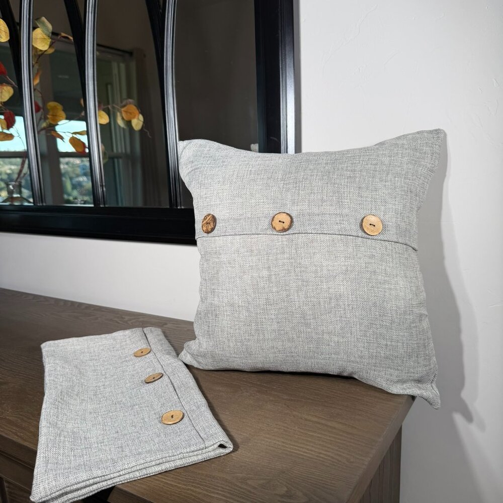 Set of 2 16" Square Farmhouse Pillow Covers — Light Grey with Wooden Buttons - Picture 3 of 8